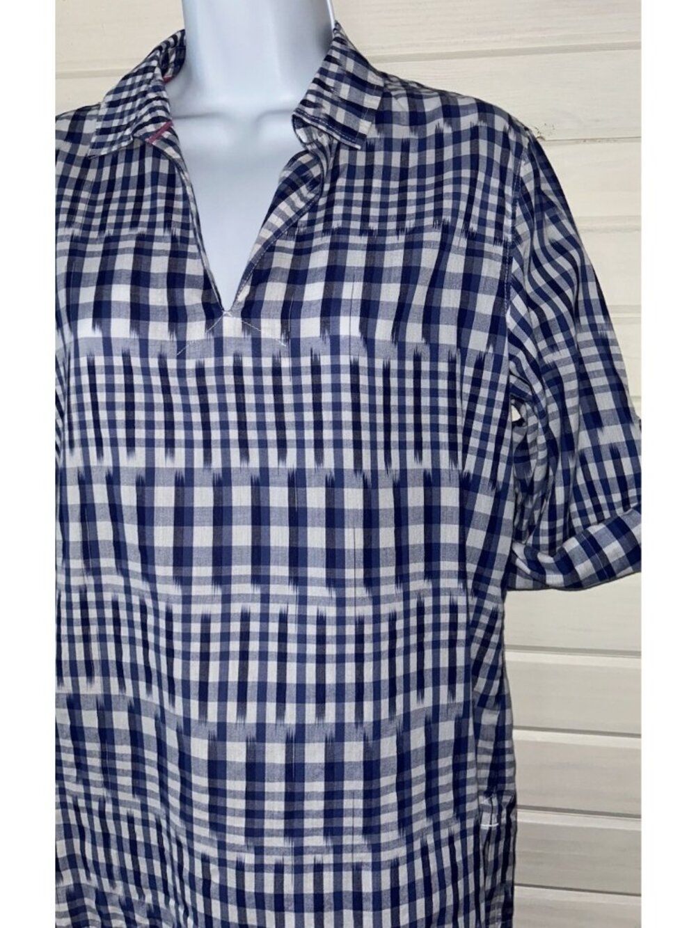 Tommy Bahama Sz XS Ikat Me Not Blue White 100% Cotton Tunic Roll Tab Sleeve EUC